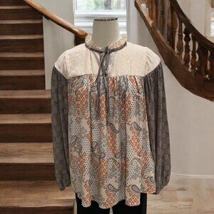 Sugarfox Boho‎ Patchwork Peasant Blouse S Mixed Print Ruffle Neck Cottagecore
